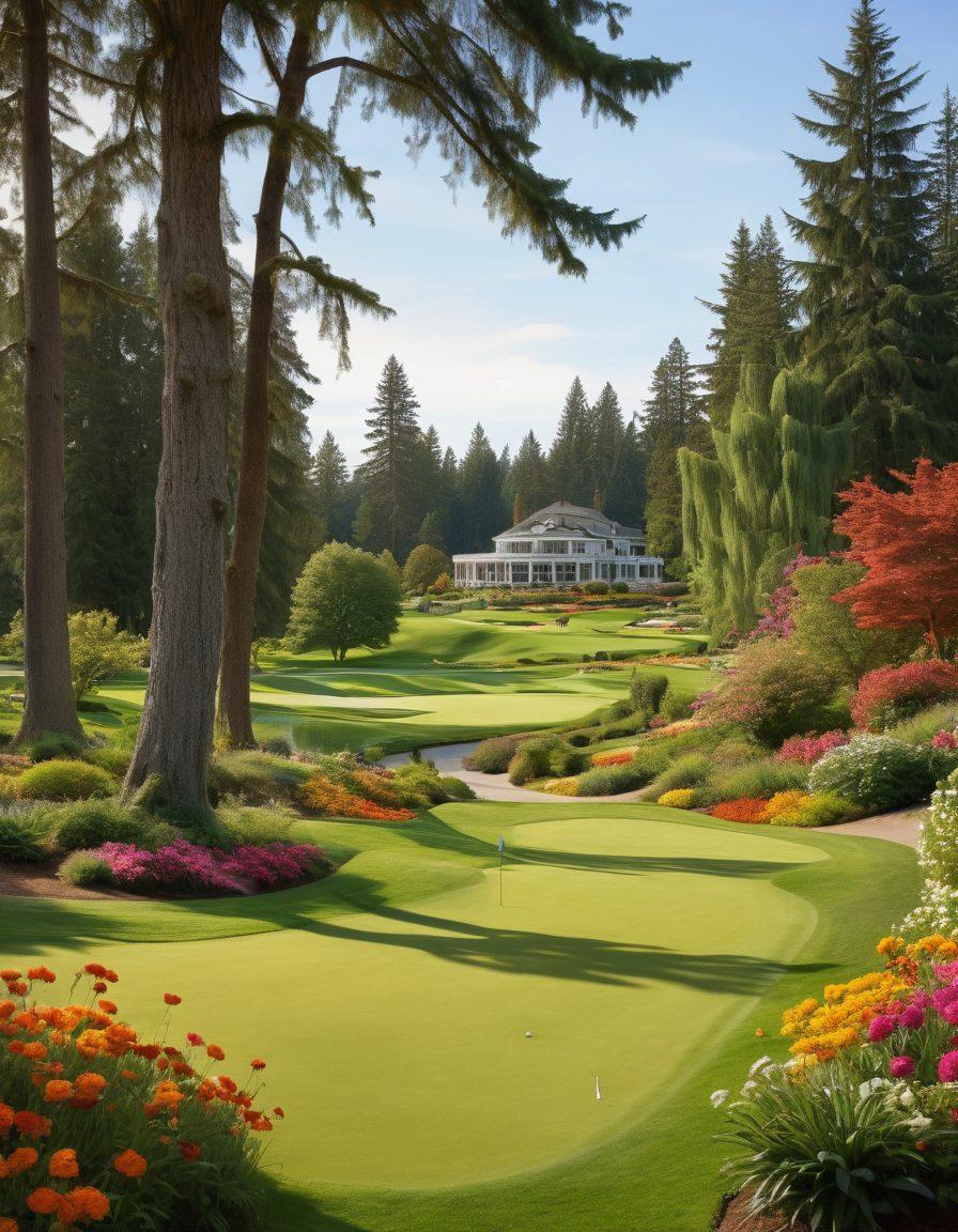 An inviting scene of a lush green golf course at Overlake Golf Club, with diverse golf enthusiasts of different ages and backgrounds playing together. The sun is shining down, creating a vibrant atmosphere filled with camaraderie and joy. Include a picturesque clubhouse in the background, surrounded by trees and flowers, capturing the essence of community and leisure. super-realistic. vibrant colors. spacious composition.