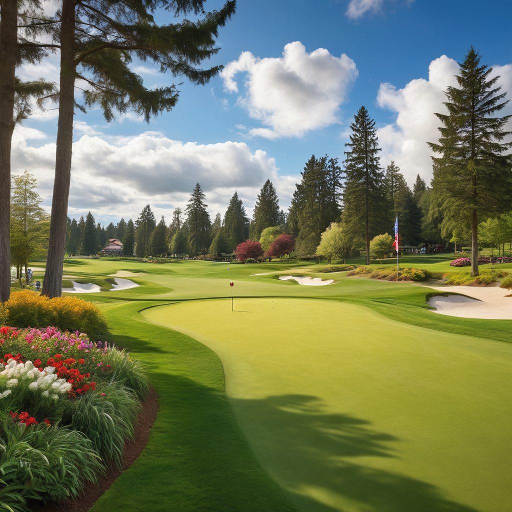 A picturesque golf course at Overlake, with enthusiastic golfers playing under a bright blue sky adorned with fluffy clouds. Showcase a lively tournament atmosphere filled with friends cheering and celebrating together. Include vibrant greenery, fluttering flags, and a cozy clubhouse in the background. Incorporate elements of community, such as people enjoying a picnic or playing games nearby. super-realistic. vibrant colors. sunny atmosphere.