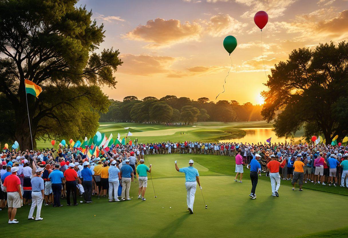 A picturesque golf course at sunset with vibrant green fairways, players joyfully celebrating a tournament victory, and a crowd of enthusiastic spectators holding colorful flags. The scene captures the excitement of gatherings, with balloons and picnic setups in the background. Bright, cheerful colors enhance the celebratory atmosphere. super-realistic. vibrant colors. 3D.
